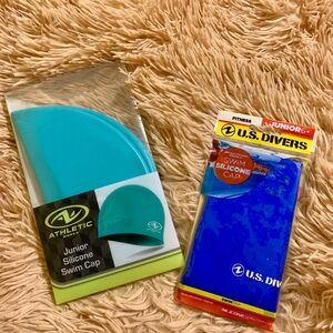 Swim caps Athletic works & US Divers (2) Junior sized silicone teal blue